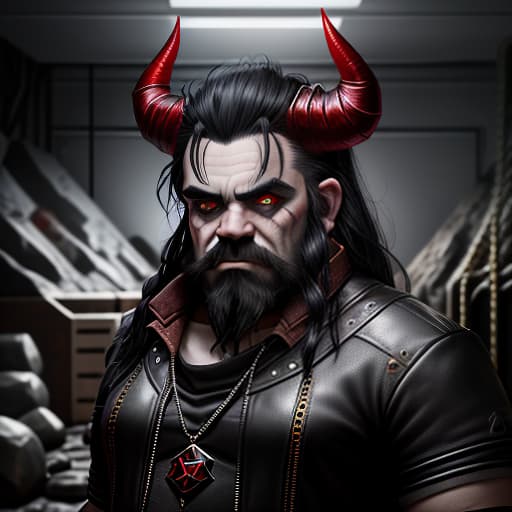  portrait of dwarf with black hair, black horns, black beard, red leather, demonic eyes, modern clothes in the mining base of the deep rock galaxy mining company