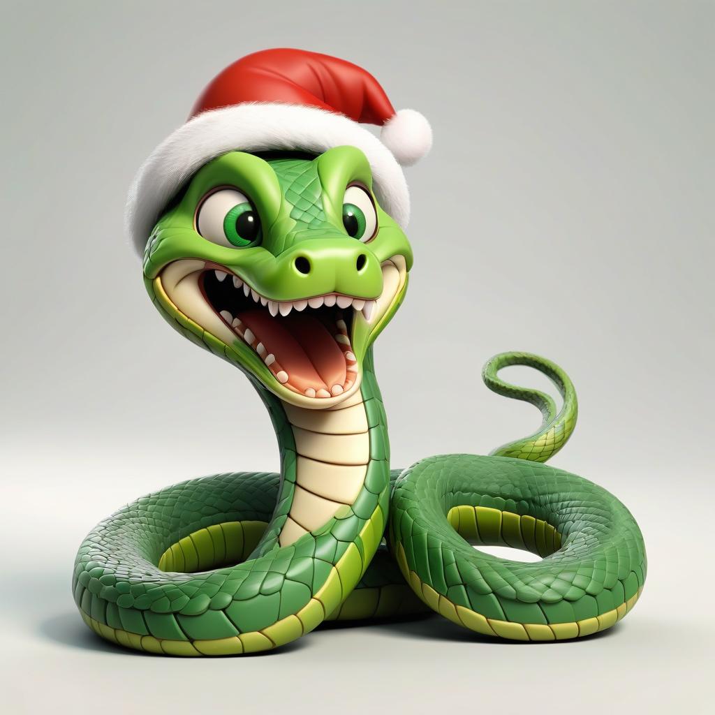  sweet kind cartoon character in the form of a curled snake of green color with detailed scaly skin, 3d in full growth on a white background in a santa cap