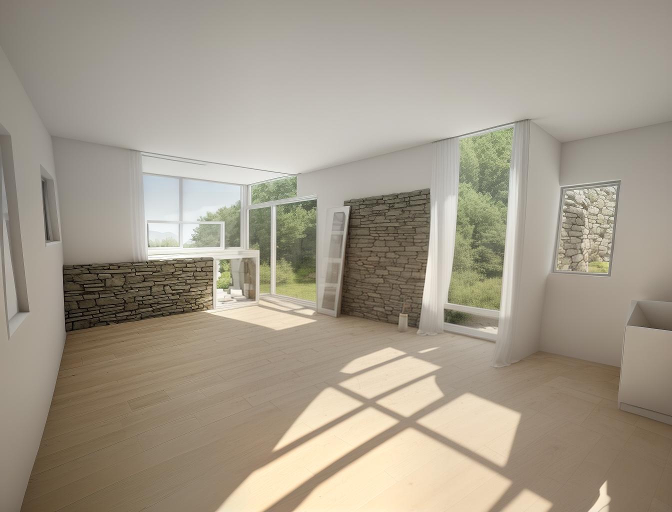  create a photorealistic image of a minimalist room with a stone wall and a large window. the stone wall should add texture and depth to the clean, modern design, while the window brings in natural light, enhancing the room's airy feel.