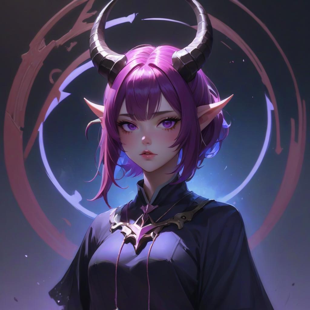  a woman with purple hair and horns on her head, a character portrait, by yang j, fantasy art, high definition anime art, yanjun chengt, noire, artwork in the style of guweiz