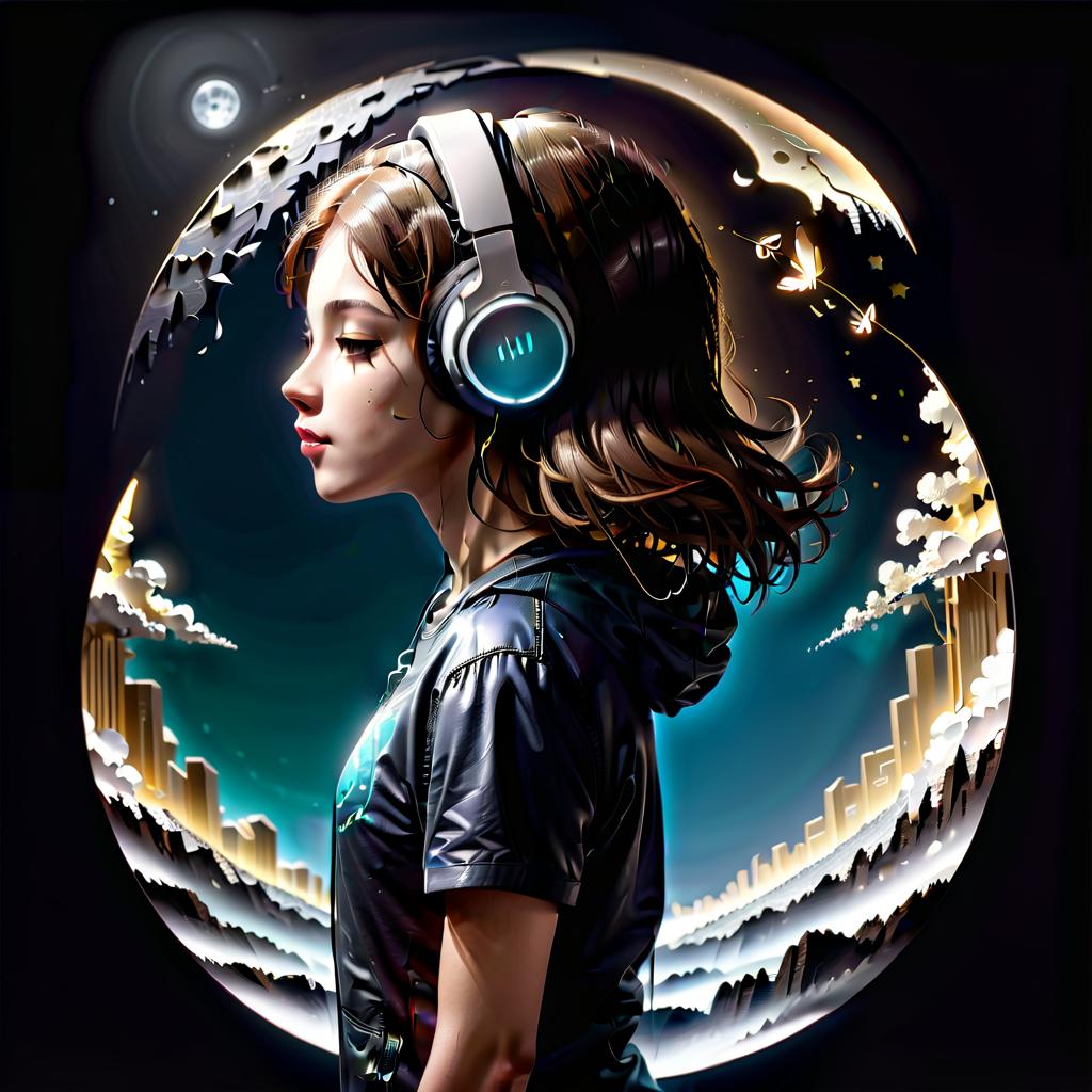  stacked papercut art of music gives a feeling of lightness and helps to plunge into the world of dreams. the girl stands with her back in space. headphones. dark colors. 2d. dark. girl with her back . 3d, layered, dimensional, depth, precision cut, stacked layers, papercut, high contrast, civitai