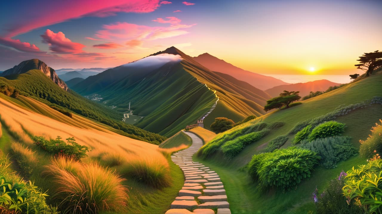  a serene landscape showcasing a winding path leading towards a bright sunrise, flanked by milestones marked with symbols of goals like a diploma, heart, and mountain, evoking a sense of purpose and achievement. hyperrealistic, full body, detailed clothing, highly detailed, cinematic lighting, stunningly beautiful, intricate, sharp focus, f/1. 8, 85mm, (centered image composition), (professionally color graded), ((bright soft diffused light)), volumetric fog, trending on instagram, trending on tumblr, HDR 4K, 8K