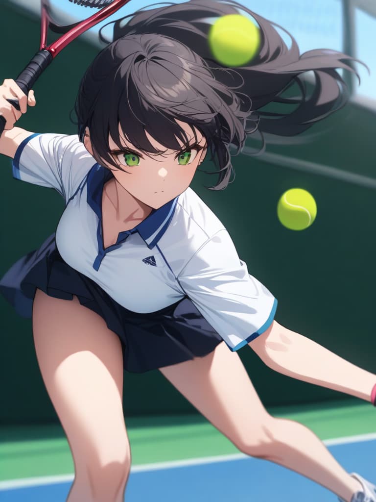  (masterpiece, highest quality,), beautiful fine eyes, very detailed, black hair, aho hair, long hair, green eyes, ponytails, busty, blurred background, shy pinup, tennis, tennis racket: 1.1), wearing tennis uniforms, tennis courts, (moving: 1.2), hitting the ball with a tennis ball, some players, standing in one foot </input> </xml>, , motion blur, with a racket with one hand, with the right hand, hit, one ball