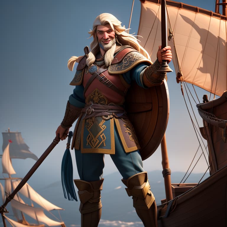  wise smile masterpiece, best quality, viking navigator, old, background ship, front , without weapens, 3d figure hyperrealistic, full body, detailed clothing, highly detailed, cinematic lighting, stunningly beautiful, intricate, sharp focus, f/1. 8, 85mm, (centered image composition), (professionally color graded), ((bright soft diffused light)), volumetric fog, trending on instagram, trending on tumblr, HDR 4K, 8K