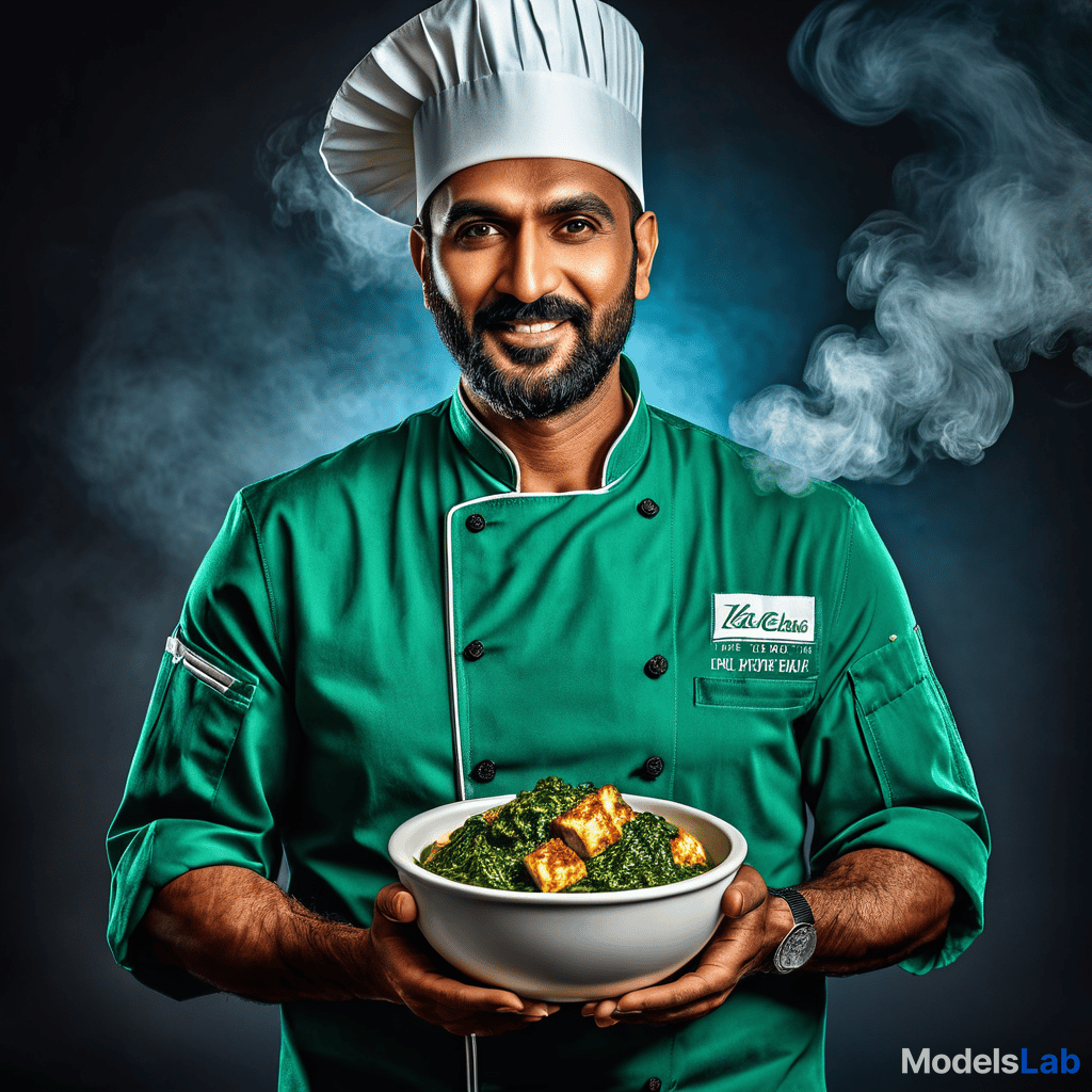  a chef holding bowl of palak paneer hyperrealistic, full body, detailed clothing, highly detailed, cinematic lighting, stunningly beautiful, intricate, sharp focus, f/1. 8, 85mm, (centered image composition), (professionally color graded), ((bright soft diffused light)), volumetric fog, trending on instagram, trending on tumblr, HDR 4K, 8K