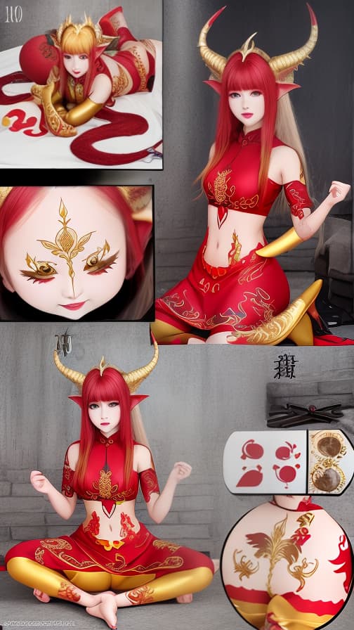  Red and G old dragon pattern face paint, golden dragon and red dragon pattern body paint in every corner of the whole body, Grey body paint, two elf sisters, full body image 女性