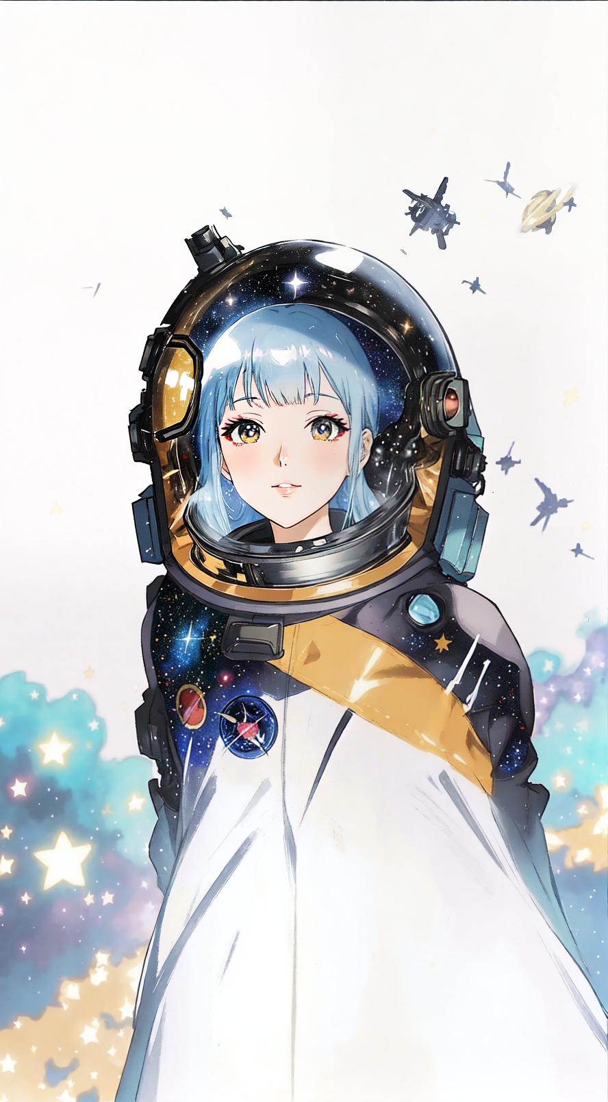  anime style, astronaut in space, fully detailed outer space background with stars, galaxies, nebulae, vibrant colors, wearing detailed space suit, cosmic scene, highly detailed spacesuit, complete space environment, clothing replace, space suit hyperrealistic, full body, detailed clothing, highly detailed, cinematic lighting, stunningly beautiful, intricate, sharp focus, f/1. 8, 85mm, (centered image composition), (professionally color graded), ((bright soft diffused light)), volumetric fog, trending on instagram, trending on tumblr, HDR 4K, 8K