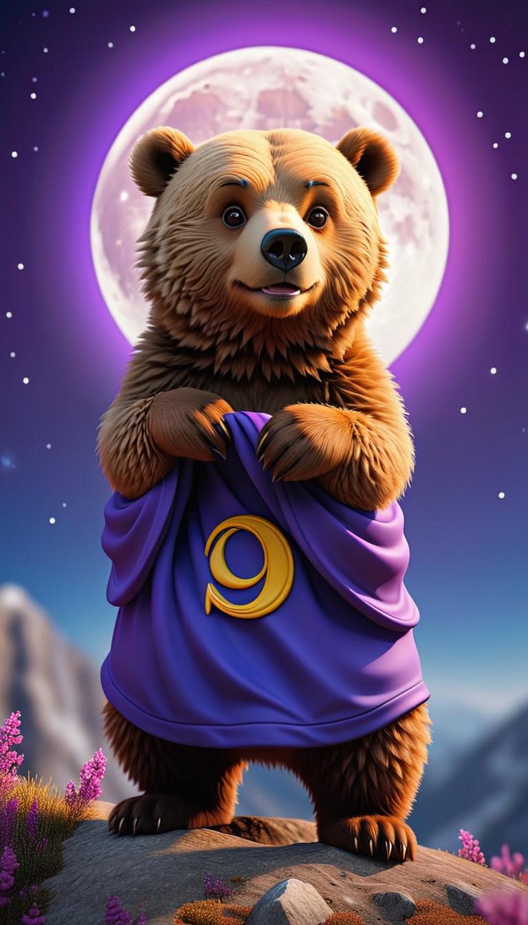  professional 3d model of cute little bear hanging on moon purple backround . rendered with octane, the model is highly detailed,dramatic lighting. hyperrealistic, full body, detailed clothing, highly detailed, cinematic lighting, stunningly beautiful, intricate, sharp focus, f/1. 8, 85mm, (centered image composition), (professionally color graded), ((bright soft diffused light)), volumetric fog, trending on instagram, trending on tumblr, HDR 4K, 8K