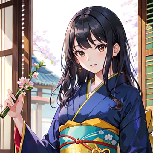  master piece , best quality,beautiful girl, kimono, black hair, sideways