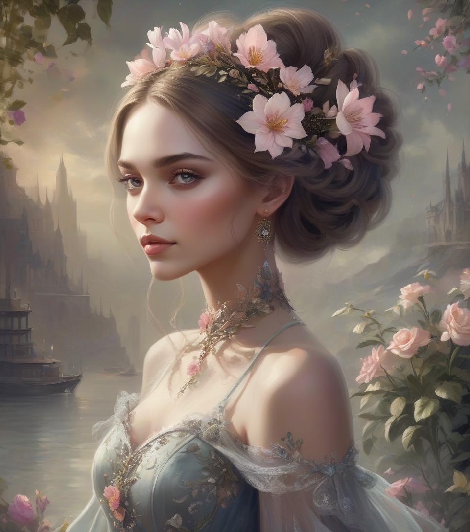  there is a woman with a flower in her hair and a dress, beautiful fantasy art portrait, beautiful fantasy portrait, beautiful fantasy painting, exquisite digital art, fantasy victorian art, exquisite digital illustration, romanticism painting, very beautiful fantasy art, gothic painting, stunning digital art, gorgeous digital painting, stunning digital painting, very beautiful digital art, gothic princess portrait, gorgeous digital art