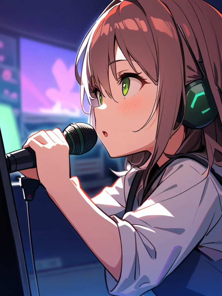  (female)(dark hair)(karaoke box:1.7)(holding green microphone:1.7)(both eyes closed:2.0)(singing enthusiastically:2.0)masterpiece,high quality,16k