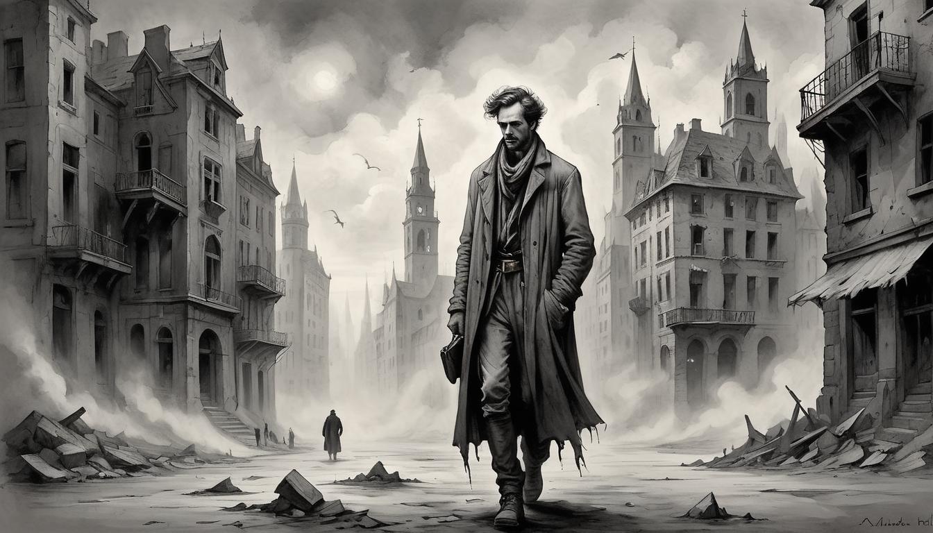  on parchment, surrealism+++, figure in tattered clothes, aimlessly drifting in grayscale cityscape, overwhelming sense of emptiness, forlorn expressions, disconnected from surroundings, metaphorical gravity absent, desaturated life(mysterious, provocative, symbolic,muted color)+++