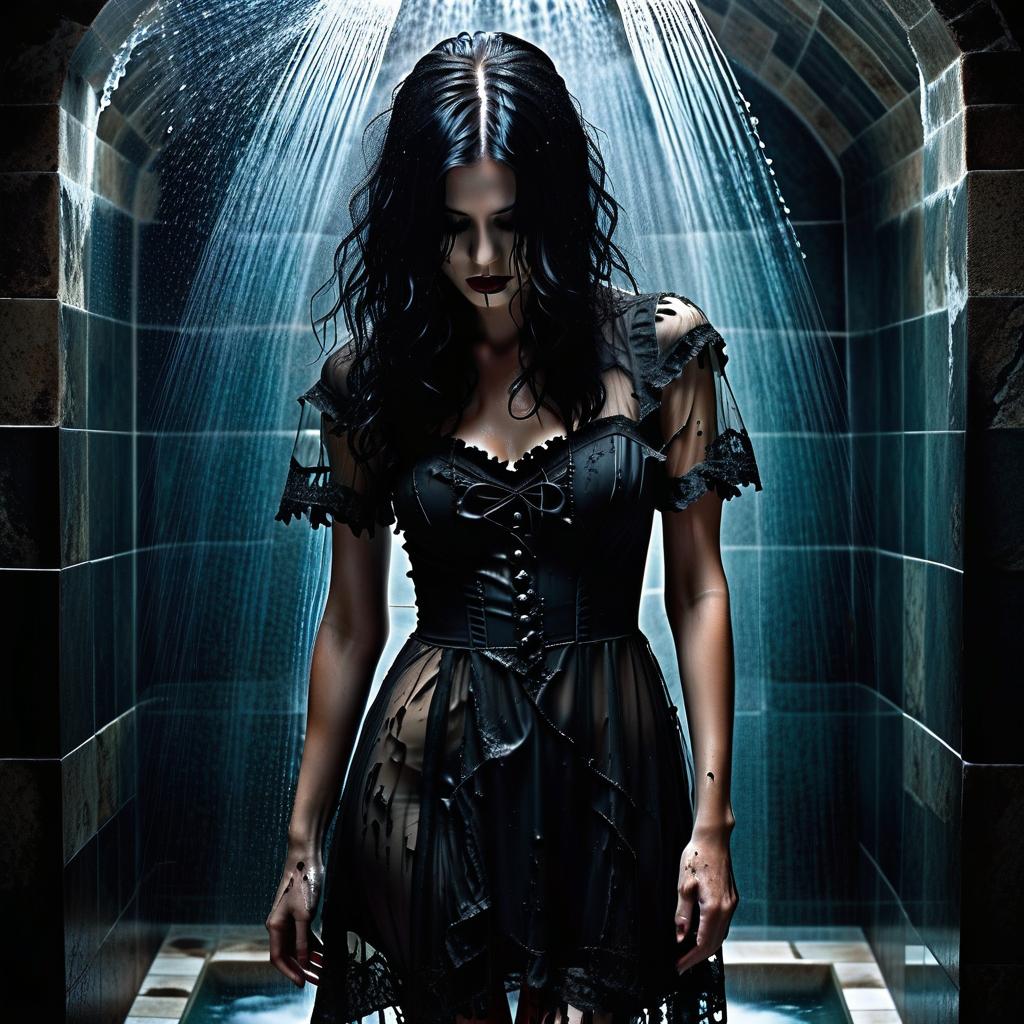  gothic style on the torn transparent very short dress. the takes a shower. the bent down to raise the soap of other clothes. through you can see the whole body of the . dark, mysterious, haunting, dramatic, ornate, detailed, perfect hands, film photography style