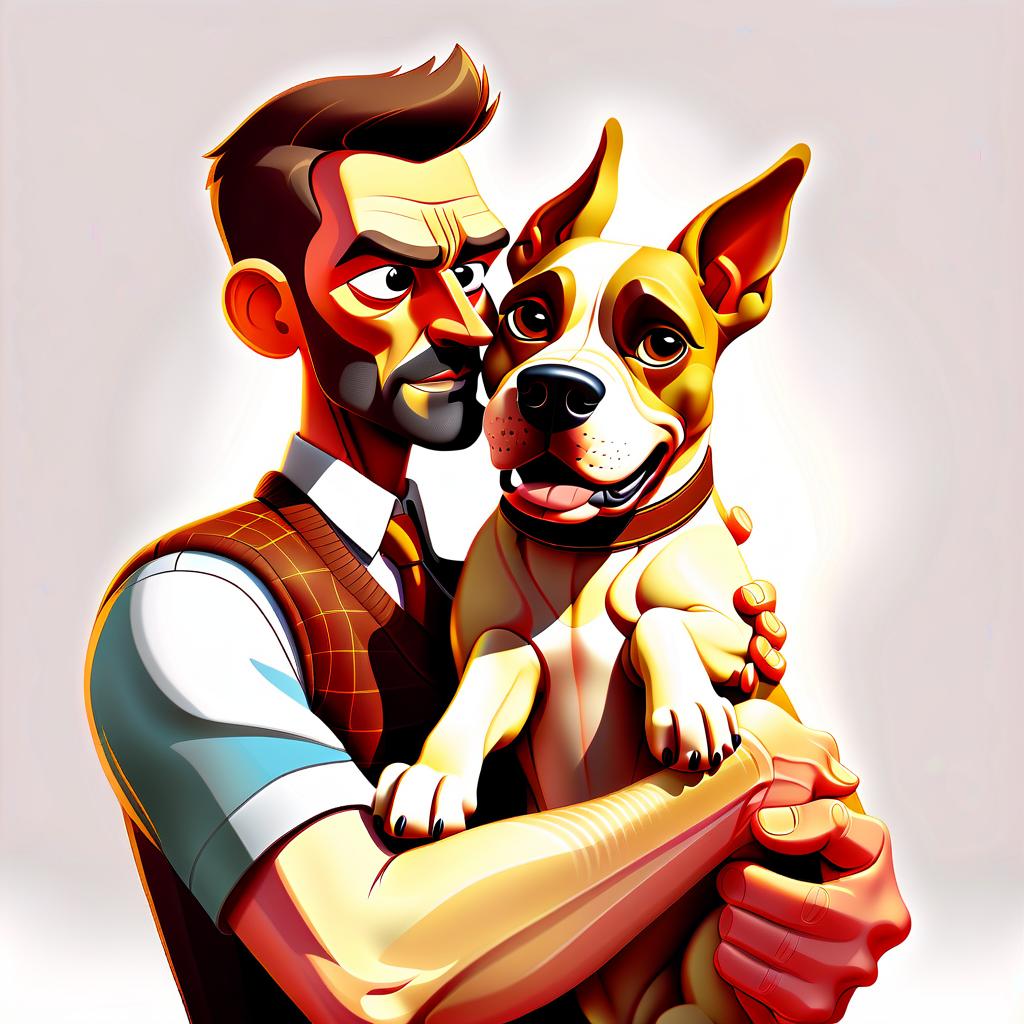  advertising poster style dog holds a man in his arms, vector detailed image on a white background in warm shades . professional, modern, product focused, commercial, eye catching, highly detailed, sticker