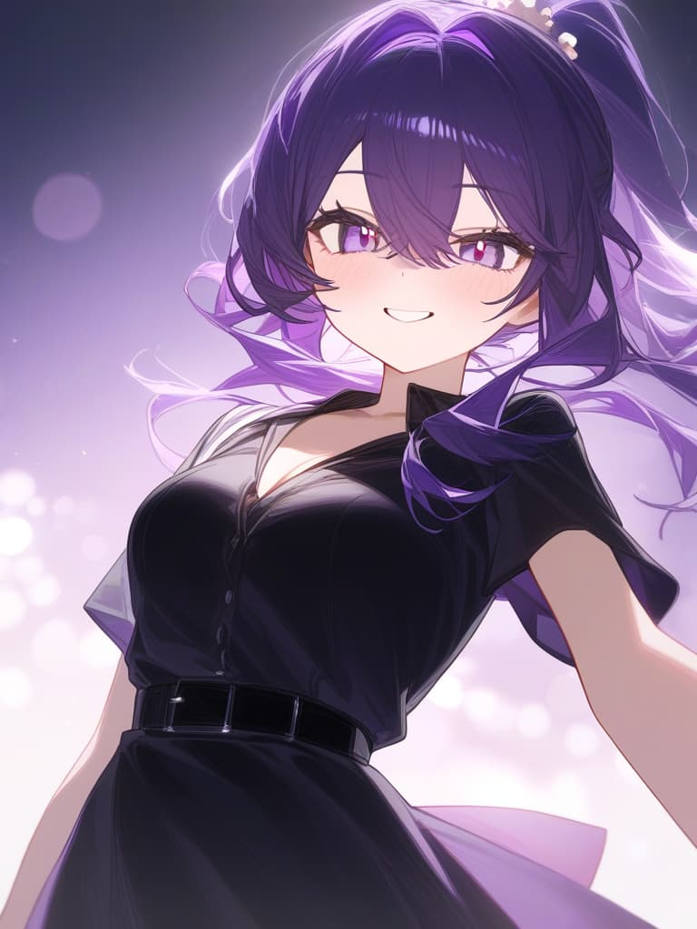  (devil: 1.4), (eye pardines: 1.2), 1girl, best quality, mischievous smile, masterpiece, purple hair, (black nonno: 1.2),