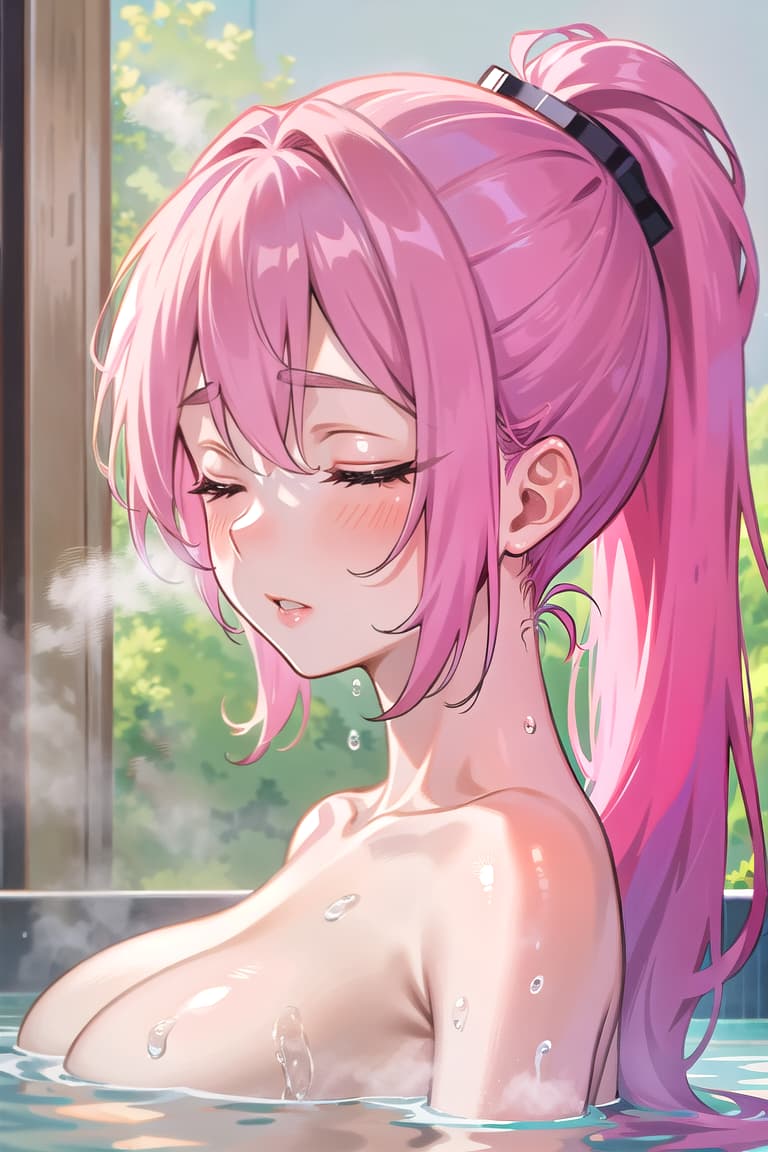  r 18, , middle , pink haired ,ponytail,large eyes,A woman, alone in a steamy shower, stands with eyes closed, savoring the warm water. , Her face tilts up, lips parted. The camera captures her from the side, showcasing the streaming water and rising steam.