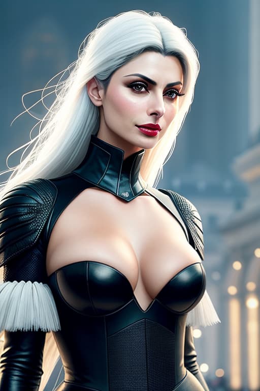  score 9, score 8 up, score 7 up, best quality, masterpiece,realistic, morena baccarin, yorha no. 2 type b, puffy sleeves, dress, white hair, black dress, dark make up, breasts, deep cleavage, long sleeves, parted lips, clothing cutout, small breasts, braless, mole under mouth, mole, lips, carmin red lips, belly buttton, nipples, nose, facing viewer, hair over eyes, teeth, roof top (champs Élysées) hyperrealistic, full body, detailed clothing, highly detailed, cinematic lighting, stunningly beautiful, intricate, sharp focus, f/1. 8, 85mm, (centered image composition), (professionally color graded), ((bright soft diffused light)), volumetric fog, trending on instagram, trending on tumblr, HDR 4K, 8K