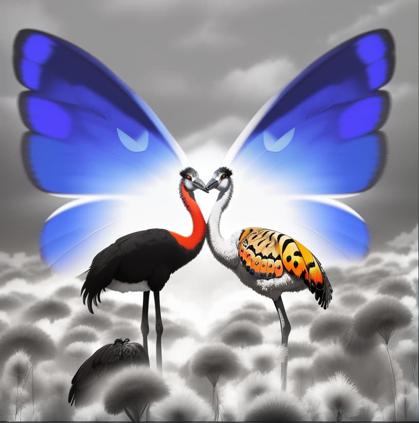  a colorful abstract picture of, two ostriches with bold eyes, forming a face and a body of another flying butterfly at their background, , hyperrealistic, high quality, highly detailed, perfect lighting, intricate, sharp focus, f/1. 8, 85mm, (centered image composition), (professionally color graded), ((bright soft diffused light)), trending on instagram, HDR 4K, 8K