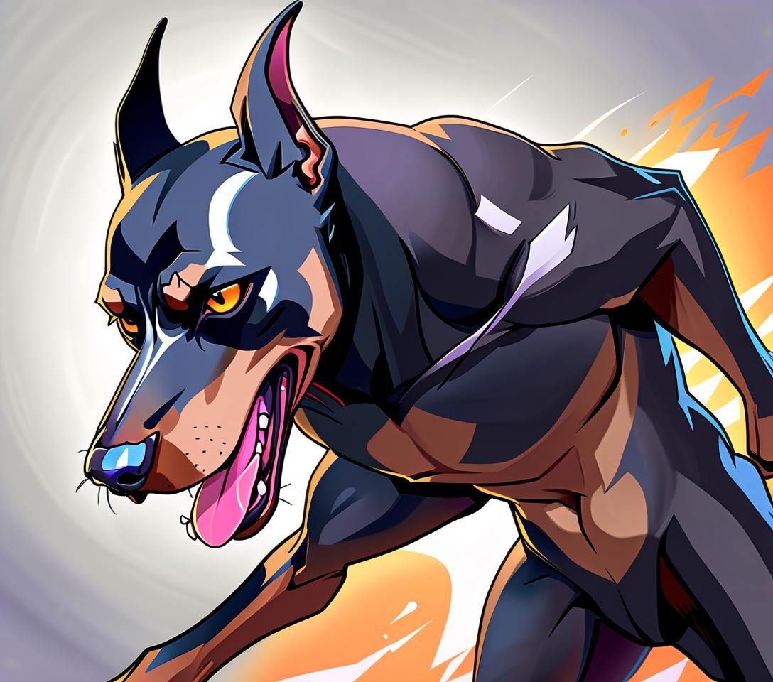  fighting game style half face doberman, the other half cat . dynamic, vibrant, action packed, detailed character design, reminiscent of fighting video games