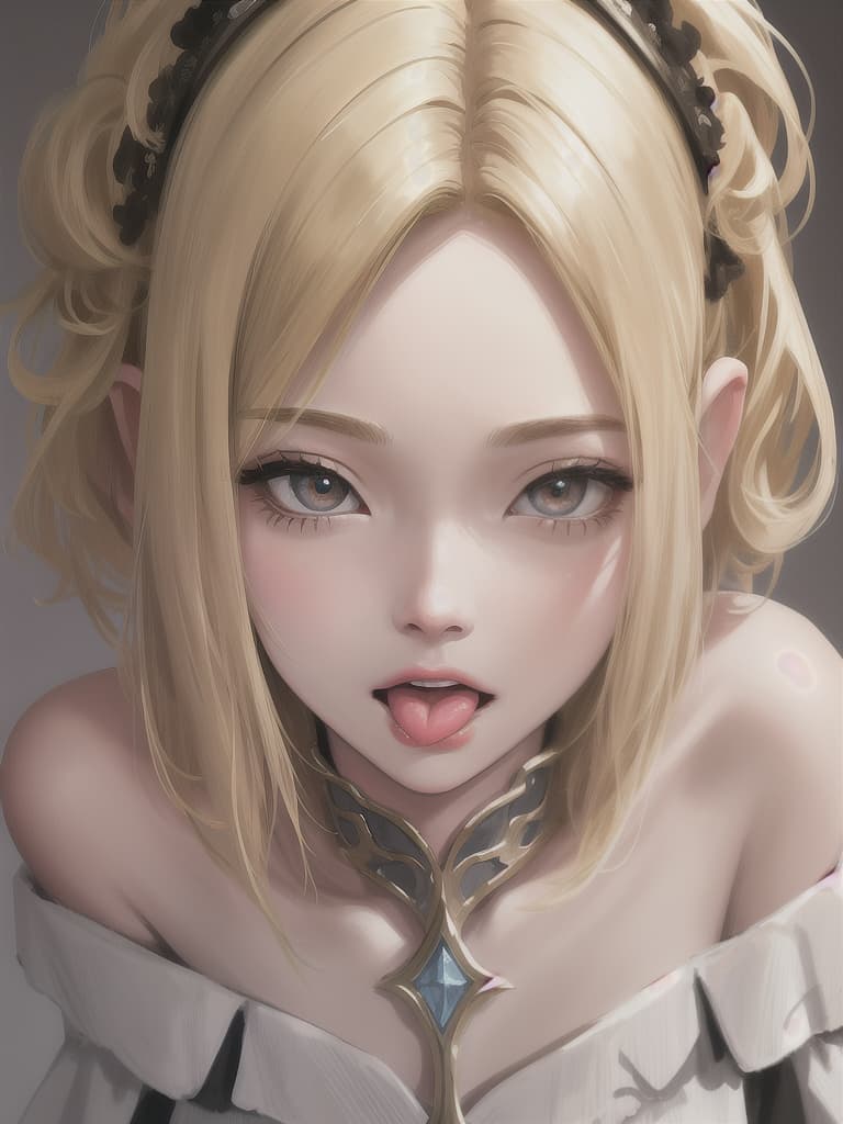  upturned eyes,so cute,short blonde hair,Stick out tongue,extreme close up,facing viewer,off shoulder top, masterpiece, best quality,8k,ultra detailed,high resolution,an extremely delicate and beautiful,hyper detail
