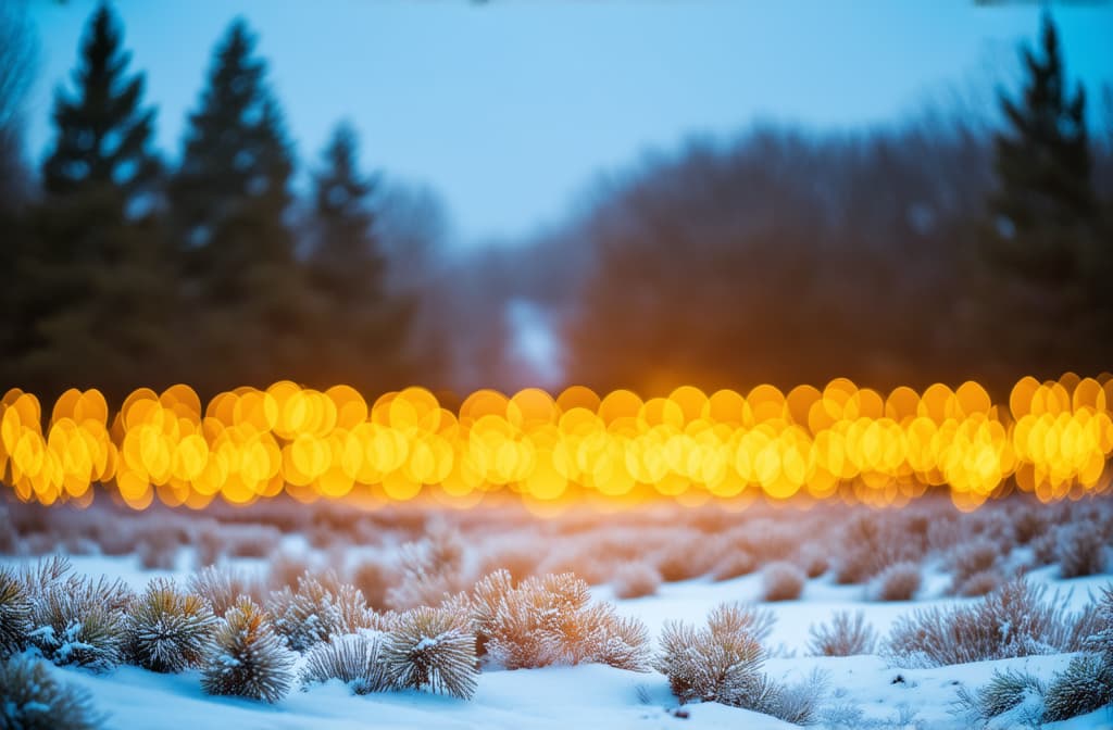  professional detailed photography, banner, panoramic image with golden bokeh lights in an abstract winter landscape ar 3:2, (muted colors, dim colors, soothing tones), (vsco:0.3)