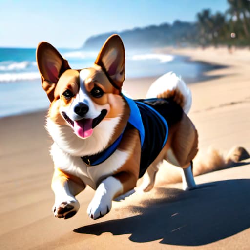  a corgi running down the beach wearing a big fedora. The image should be realistic and looks photorealistic hyperrealistic, full body, detailed clothing, highly detailed, cinematic lighting, stunningly beautiful, intricate, sharp focus, f/1. 8, 85mm, (centered image composition), (professionally color graded), ((bright soft diffused light)), volumetric fog, trending on instagram, trending on tumblr, HDR 4K, 8K