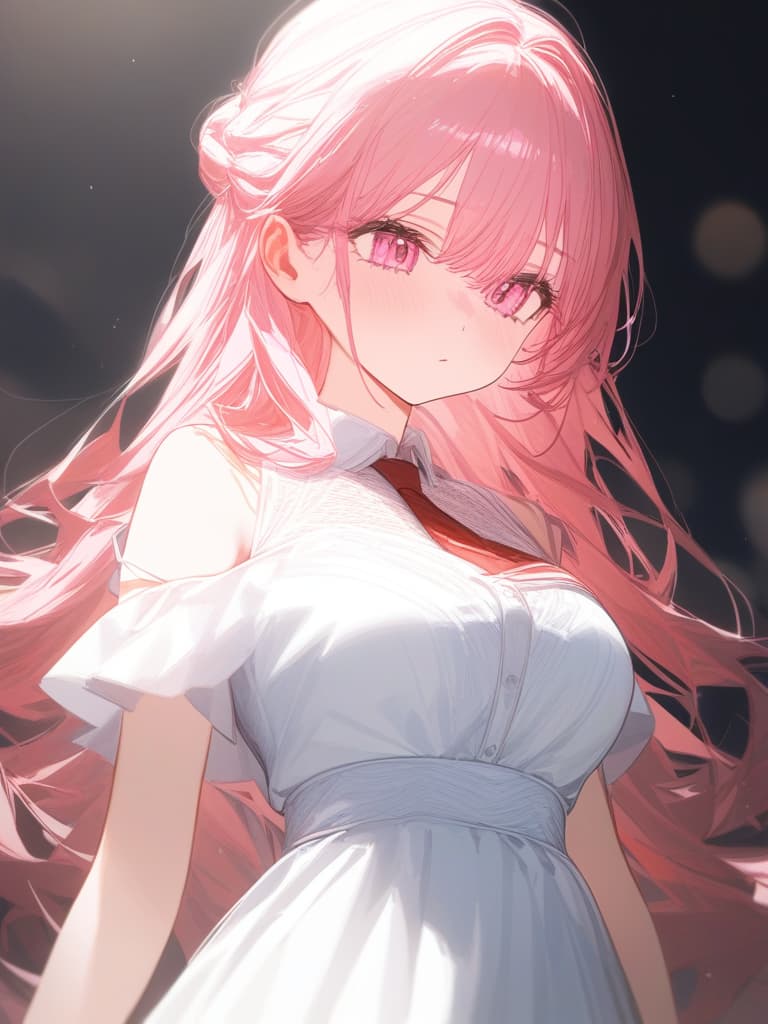  pink hair, pink eyes, girls, whole body, white dress, one tie, masterpiece, best quality,8k,ultra detailed,high resolution,an extremely delicate and beautiful,hyper detail