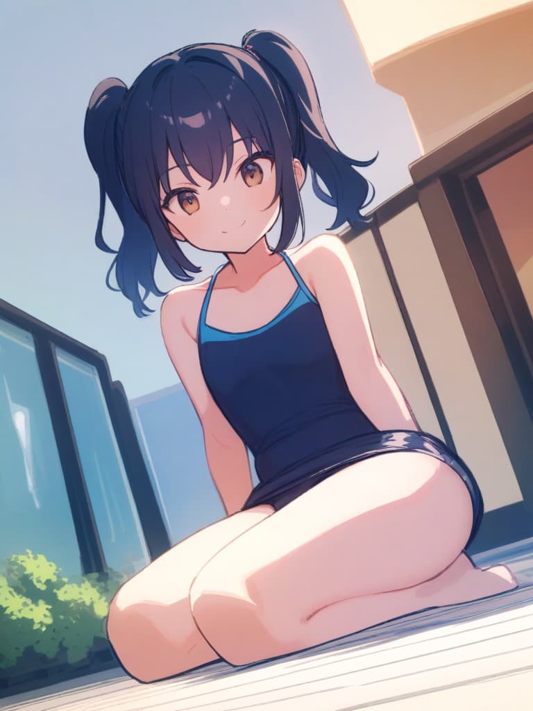  women's elementary students (male), twin tails, cute smiles, (rich s), short stature, dark blue swimwear, old swimwear, swimwear, simple, (upward), upward, (bulge), front, whole body, pool side ,,,