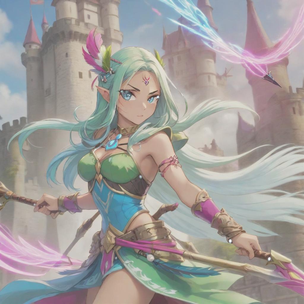  long exposure photo of portrait of strong rage amazonas queen archer. blue eye. long lightgreen hair. tilting head down, magenta mantle, shoulder pad feather, accessory necklace with pearls on the forehead, against the background of the castle siege . blurred motion, streaks of light, surreal, dreamy, ghosting effect, highly detailed, sticker, hkmagic