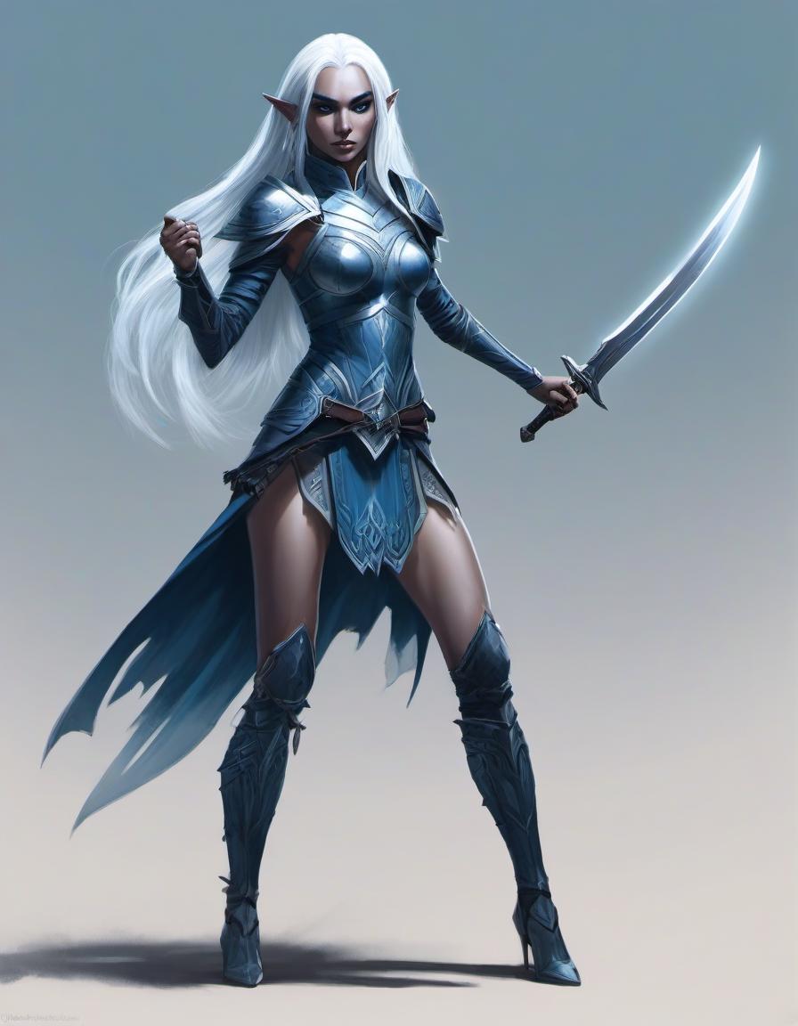  concept art (semi figure portrait: 0.2), full length dark elf girl with <small neat elf ears: 7.9>, long platinum colored hair, preference for edged weapons <short curved daggers in each hand: 1.8>, eye color slate blue with a glow effect, predatory gaze, fighting stance, dynamic pose . digital artwork, illustrative, painterly, matte painting, highly detailed