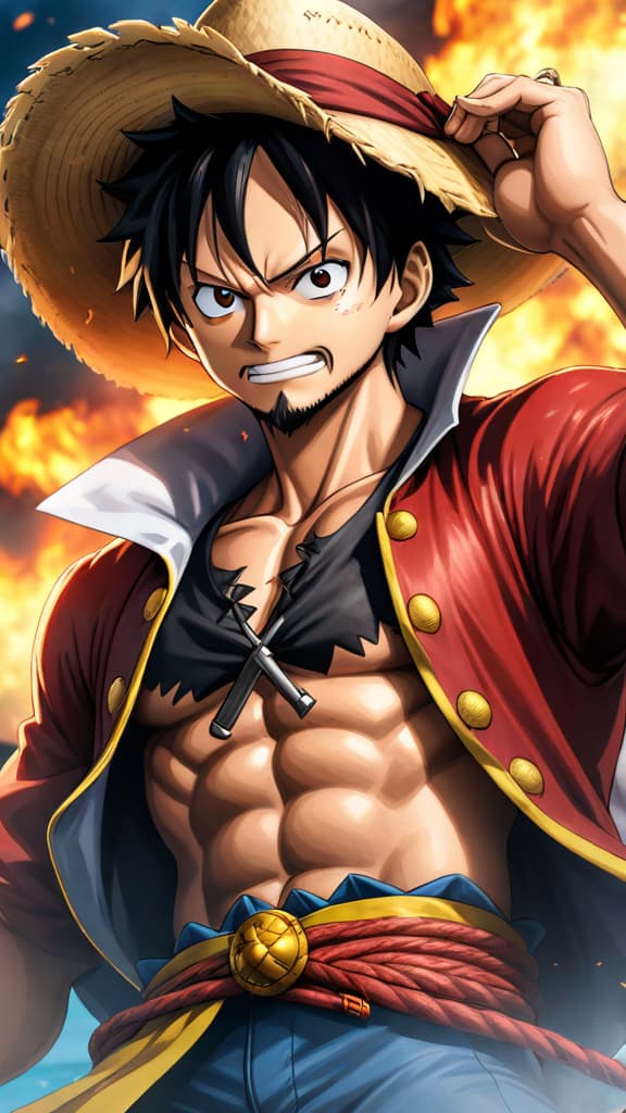  anime art of luffy revealing his mastered advanced conqueror's haki in a face off with blackbeard. hyperrealistic, full body, detailed clothing, highly detailed, cinematic lighting, stunningly beautiful, intricate, sharp focus, f/1. 8, 85mm, (centered image composition), (professionally color graded), ((bright soft diffused light)), volumetric fog, trending on instagram, trending on tumblr, HDR 4K, 8K