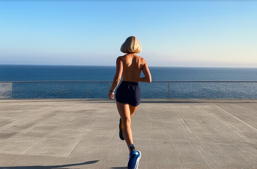  a fair skinned woman with light bob hair runs along the sea on a deserted concrete promenade in spain in the morning at dawn wearing blue sneakers ar 3:2 {prompt}, maximum details