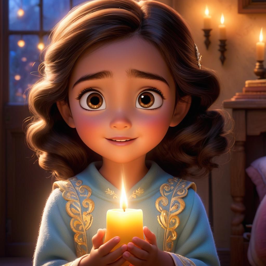  in 3d animated movie style. disney pixar style. {"subject":"fatima, old conjuring a soft glow around her small frame, aria gasping with delight, zephyr cping with glee","environment":"indoor with a hushed awe, showcasing fatima's magical power unveiling in a room filled with shimmering lights","art style":"high resolution pixar 3d animation for a magical essence","color and lighting":"warm tones, soft bright lights creating an enchanting atmosphere","composition":"focus on fatima with eyes closed, aria, and zephyr expressing delight from a medium close up viewpoint"}