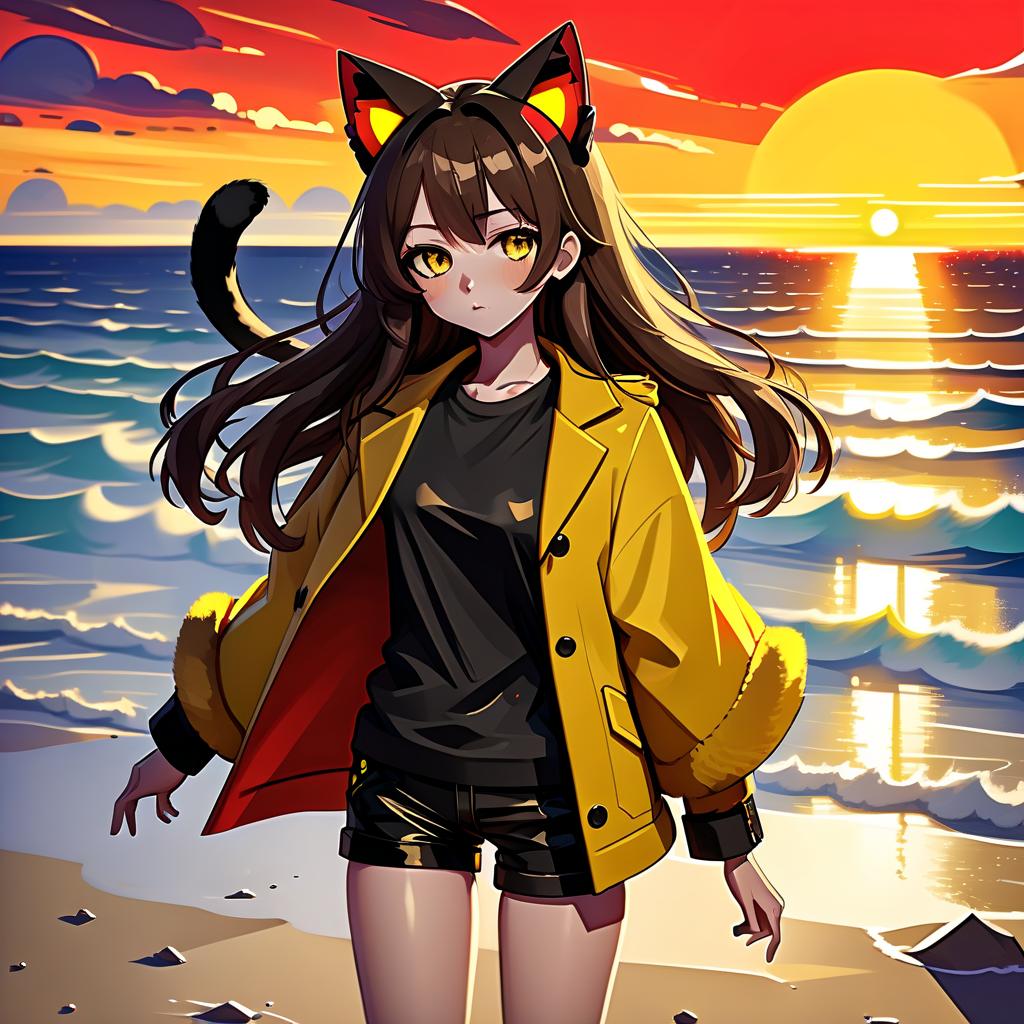  constructivist style an anime girl with cat ears stands on the beach. she has long dark brown hair, which flies slightly in the breeze. her face, with pronounced jewish and slavic features, radiates lively energy. brown eyes are full of deep emotions, as if reflecting the vast expanses of the ocean. he wears a bright yellow coat that seems to shine, catching the eye and contrasting with the soft shades of the sunset. under her coat she wears a black shirt and black shorts are decorated with yellow elements, creating a stylish and dynamic look. a bright red sunset turns into night, and the bright red rays of the sun fall on the terrain and contrast with the night darkness. . geometric shapes, bold colors, dynamic composition, propaganda art 