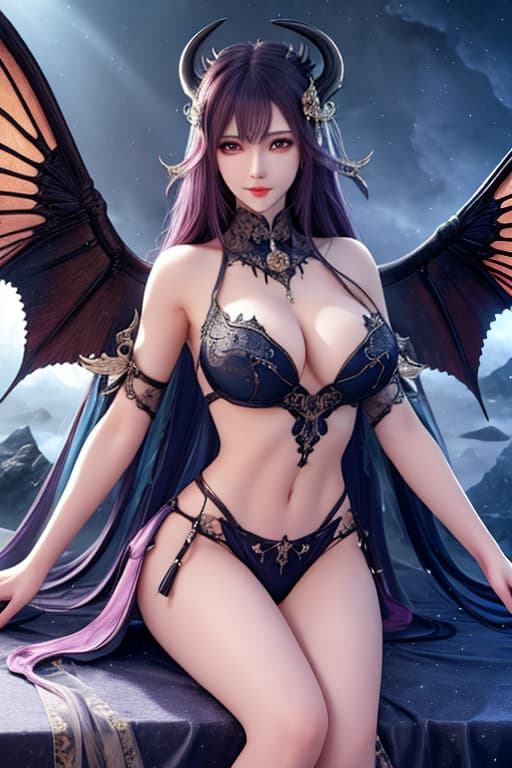  ((best quality)), ((masterpiece)), (detailed), alluring succubus, ethereal beauty, perched on a cloud, (fantasy illustration:1.3), enchanting gaze, captivating pose, dark wings, otherworldly charm, mystical sky, (luis royo:1.2), (darkdevil:1.1), moonlit night, soft colors, (detailed cloudscape:1.3), (high resolution:1.2) hyperrealistic, full body, detailed clothing, highly detailed, cinematic lighting, stunningly beautiful, intricate, sharp focus, f/1. 8, 85mm, (centered image composition), (professionally color graded), ((bright soft diffused light)), volumetric fog, trending on instagram, trending on tumblr, HDR 4K, 8K