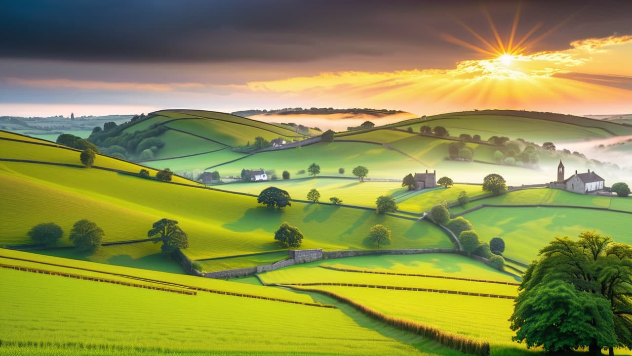  @ image prompt: a picturesque english countryside scene featuring rolling hills, quaint villages, and historic landmarks, with a traveler enjoying the view, capturing the essence of travel in england. hyperrealistic, full body, detailed clothing, highly detailed, cinematic lighting, stunningly beautiful, intricate, sharp focus, f/1. 8, 85mm, (centered image composition), (professionally color graded), ((bright soft diffused light)), volumetric fog, trending on instagram, trending on tumblr, HDR 4K, 8K