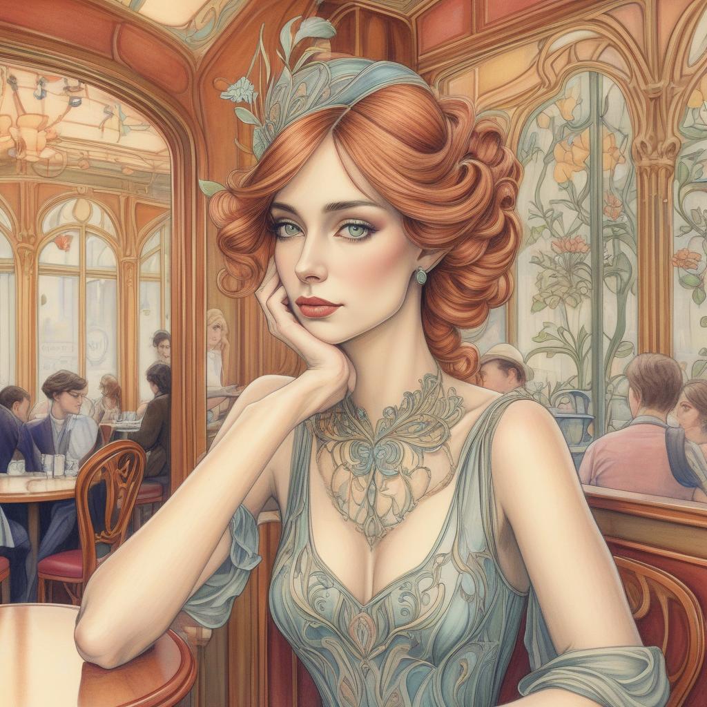  a decorative woman awaits her suitor in an art nouveau cafe setting.. colored pencil draw: art nouveau female portrait..