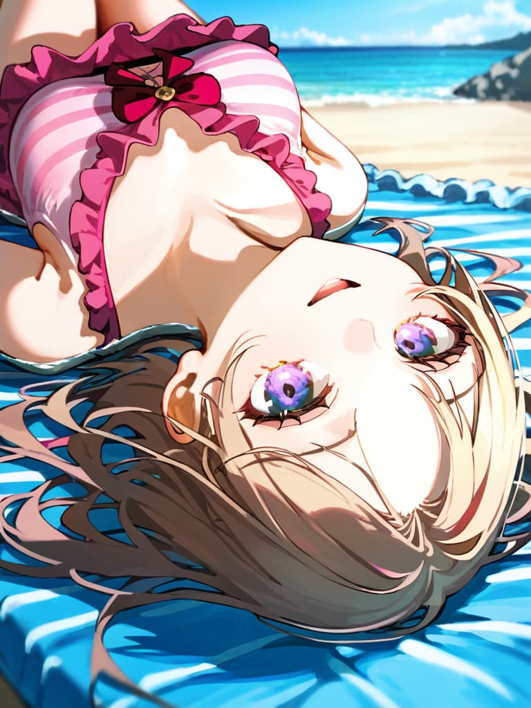  ultra detailed:1.2,masterpiece:1.2,best quality,masterpiece,bestquality,hdr:1.1,8k:1.1,very cute girl:1.3,(pink color,frill ,swimwear:1.6),(lying,at striped float bed on sea:1.8) ,smile:1.4 ,(blonde hair,twin tail,drill hair:1.3) ,(on the sea:1.7),upper body:1.3,dutch angel:1.5,open mouth,(from side:1.2),(upside down:1.7)((eyes highlight:1.1))