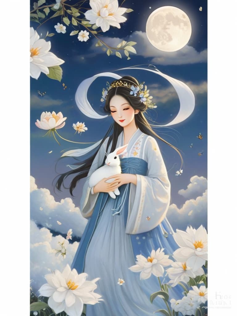  the image depicts a fairy like woman wearing a blue dress and holding a white bunny in her arms. she appears to be floating gracefully among the clouds in a nighttime setting. there are multiple flowers scattered throughout the image, adding to the peaceful atmosphere. the woman and the bunny are the main focus of the scene, creating a sense of harmony and enchantment.