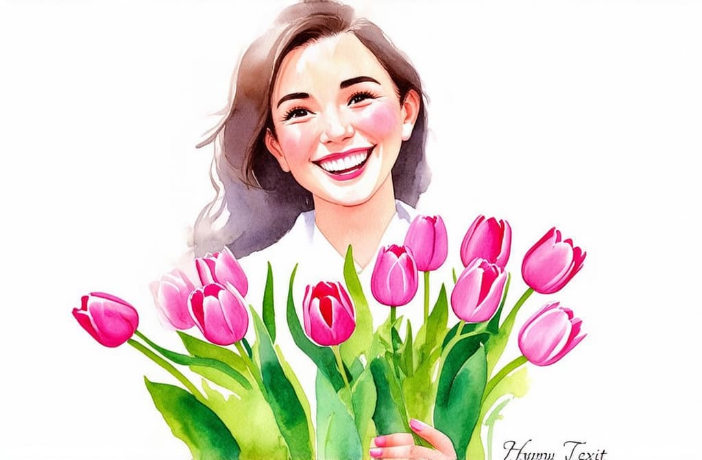  artwork beautiful woman smiling, happy, holds a bouquet of pink tulips in her hands, space for text, white background, photo ar 3:2, watercolor techniques, featuring fluid colors, subtle gradients, transparency associated with watercolor art