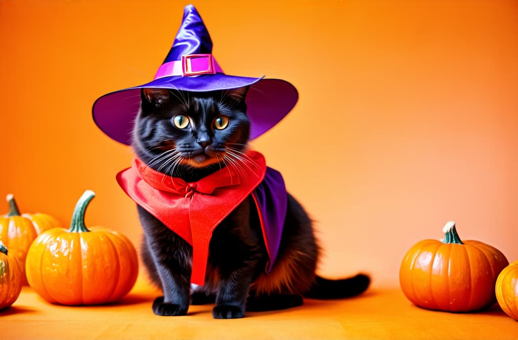  black cat in witch costume next to halloween pumpkins, orange background, 2/3 space on the left free for text ar 3:2 {prompt}, maximum details