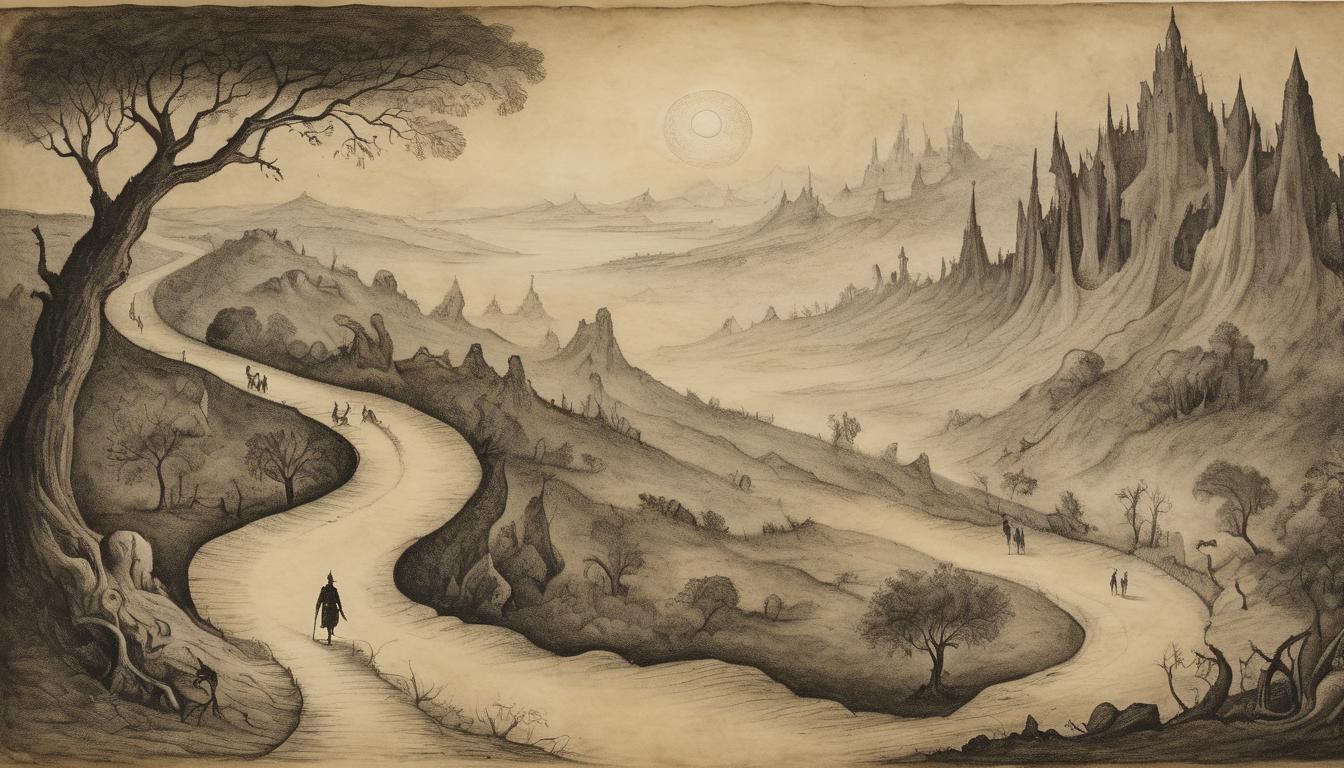  on parchment, surrealism++, illuminated path, leading through dark terrain, figure walking with purposeful steps, clarity and determination in every step(mysterious, provocative, symbolic)++