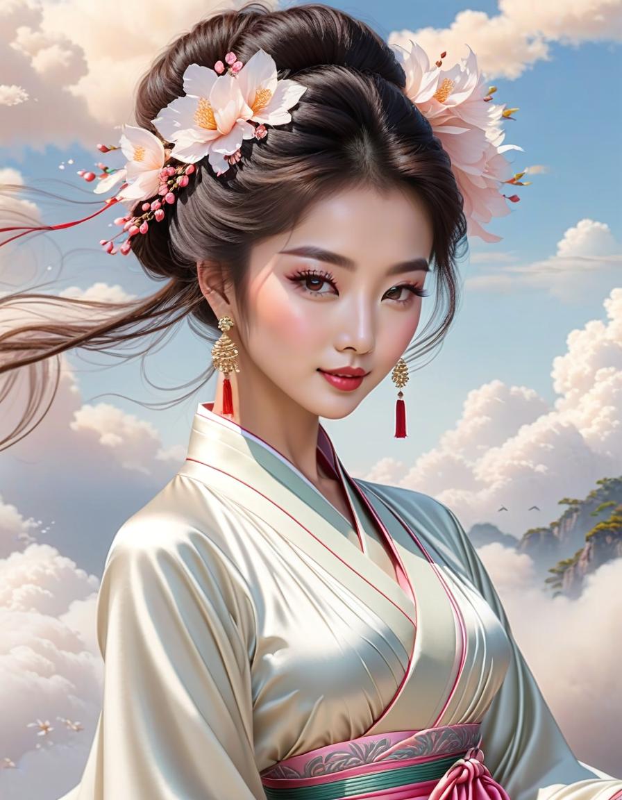  chinese lola in a light silk daxuchan, elegantly dances like grace on clouds, <lora:add detail xl:0.9>, aesthetics of femininity and beauty,