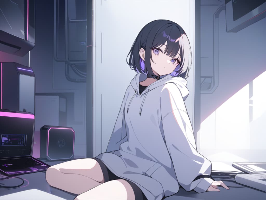  a modern,urban scene featuring a cool,laid back girl with long black hair,wearing a stylish beanie and an oversized hoodie. she's sitting on the ground in a dimly lit alley,surrounded by music equipment like an electric guitar in its case and a laptop with audio software open. the atmosphere is cyberpunk inspired,with blue and purple neon lights casting reflections on the metallic surfaces. the girl has a relaxed,slightly tired expression,her head tilted as she gazes forward. the background features a closed metal gate and various electronic devices scattered around,enhancing the techy,futuristic vibe.