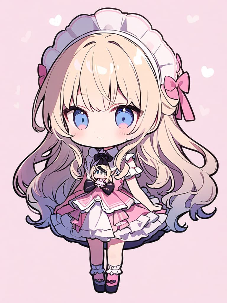  ((cute,blonde,long hair,vertical curls,curly hair,beautiful,pretty girl,blue eyes,lolita outfit,pink headdress,pink lolita dress,frills,mini character,chibi character,pink background))、(absurdres,highres,superlative,texture,contrast,top quality),break (solo,girl,kawaii,very cute face,(full body,chibi:1.5)