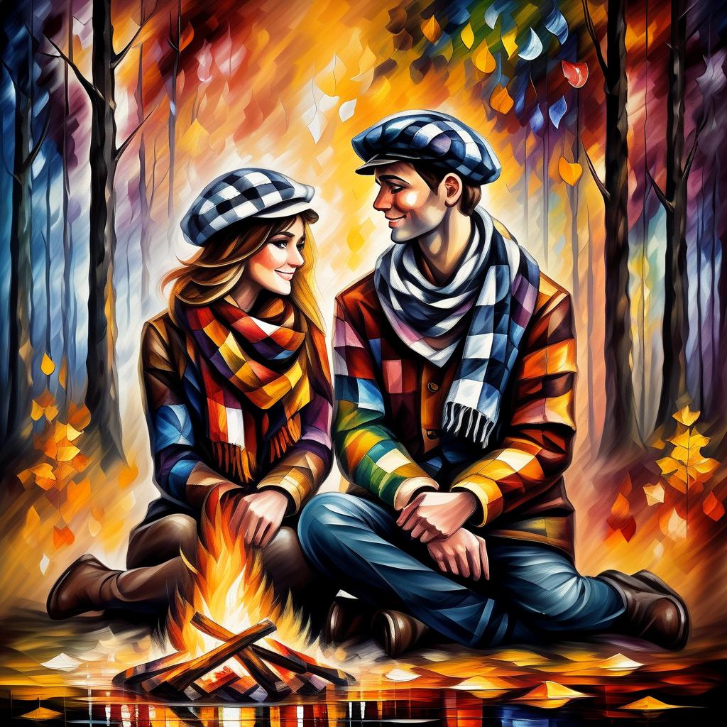  (style of leonid afremov:1.5), two young people in love, checkered scarves, checkered berets, sit in front of a fire in an autumn forest, holding hands, epic realism, anime features, dark fantasy, abstract horror, desaturated color palette, gothic and renaissance aesthetic, (happy smiles:1.4 ),