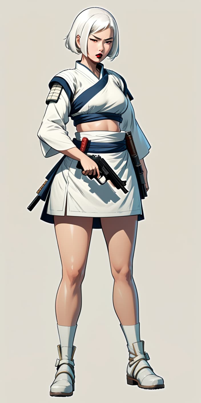  concept art in full growth, turned sideways, beautiful girl, the ancestor of the samurai, killer, heavy and fat, big legs, in dress, with sword in back, pistol in hand, white short hair, with lipstick, in a fighting position, concept art, illustrative, in color, digital artwork, highly detailed . digital artwork, illustrative, painterly, matte painting, highly detailed