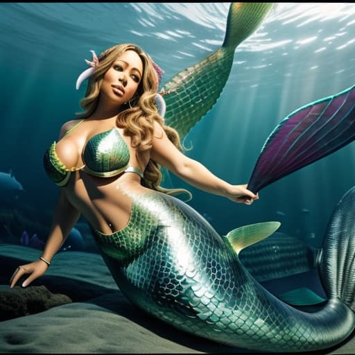  A 40 year old topless, beautiful Mariah Carey laying on the beach, showing off her beautiful shark tail, massively enhanced fake chest, award winning cinematic shot (kneeless_tail:1.2) (shark_tail:1.3) (scales:1.2) (mermaid:1.5), sharp focus, cinematic angle, hd, vibrant, stunning visuals, incredibly absurdres, hyperrealism, intricate details, photorealistic,hyperrealistic, high quality, highly detailed, cinematic lighting, intricate, sharp focus, f/1. 8, 85mm, (centered image composition), (professionally color graded), ((bright soft diffused light)), volumetric fog, trending on instagram, HDR 4K, 8K