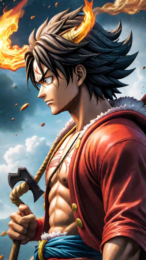  anime art: luffy's unwavering determination and mastery of advanced conqueror’s haki clash with kaido's near invincible strength. hyperrealistic, full body, detailed clothing, highly detailed, cinematic lighting, stunningly beautiful, intricate, sharp focus, f/1. 8, 85mm, (centered image composition), (professionally color graded), ((bright soft diffused light)), volumetric fog, trending on instagram, trending on tumblr, HDR 4K, 8K