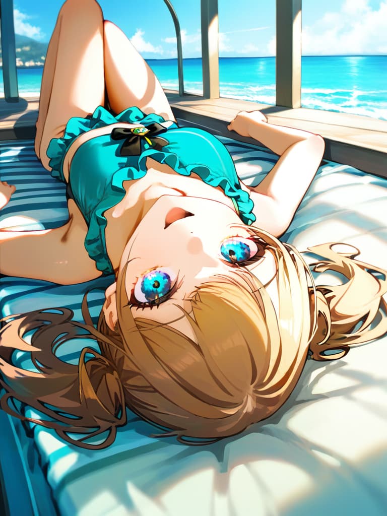  ultra detailed:1.2,masterpiece:1.2,best quality,masterpiece,bestquality,hdr:1.1,8k:1.1,very cute girl:1.3,(aqua color,frill ,swimwear:1.6),(lying,at striped float bed on sea:1.8) ,smile:1.4 ,(blonde hair,twin tail,drill hair:1.3) ,(on the sea:1.7),upper body:1.3,dutch angel:1.5,open mouth,(upside down:1.7)(from above:1.1)((eyes highlight:1.1))